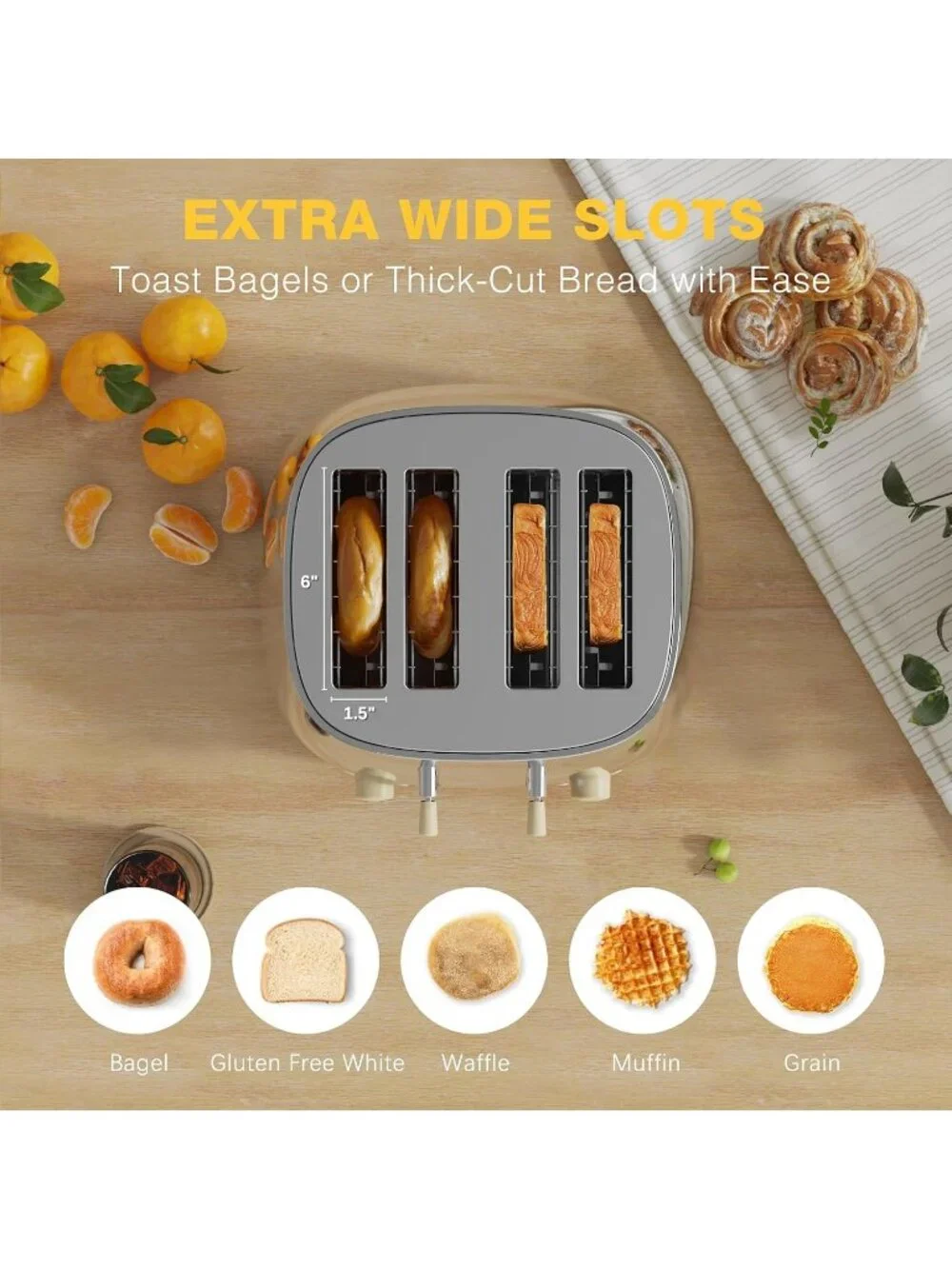 4 Slice Silver Defrost Retro Stainless Steel Extra Wide Slots Cancel Toaster